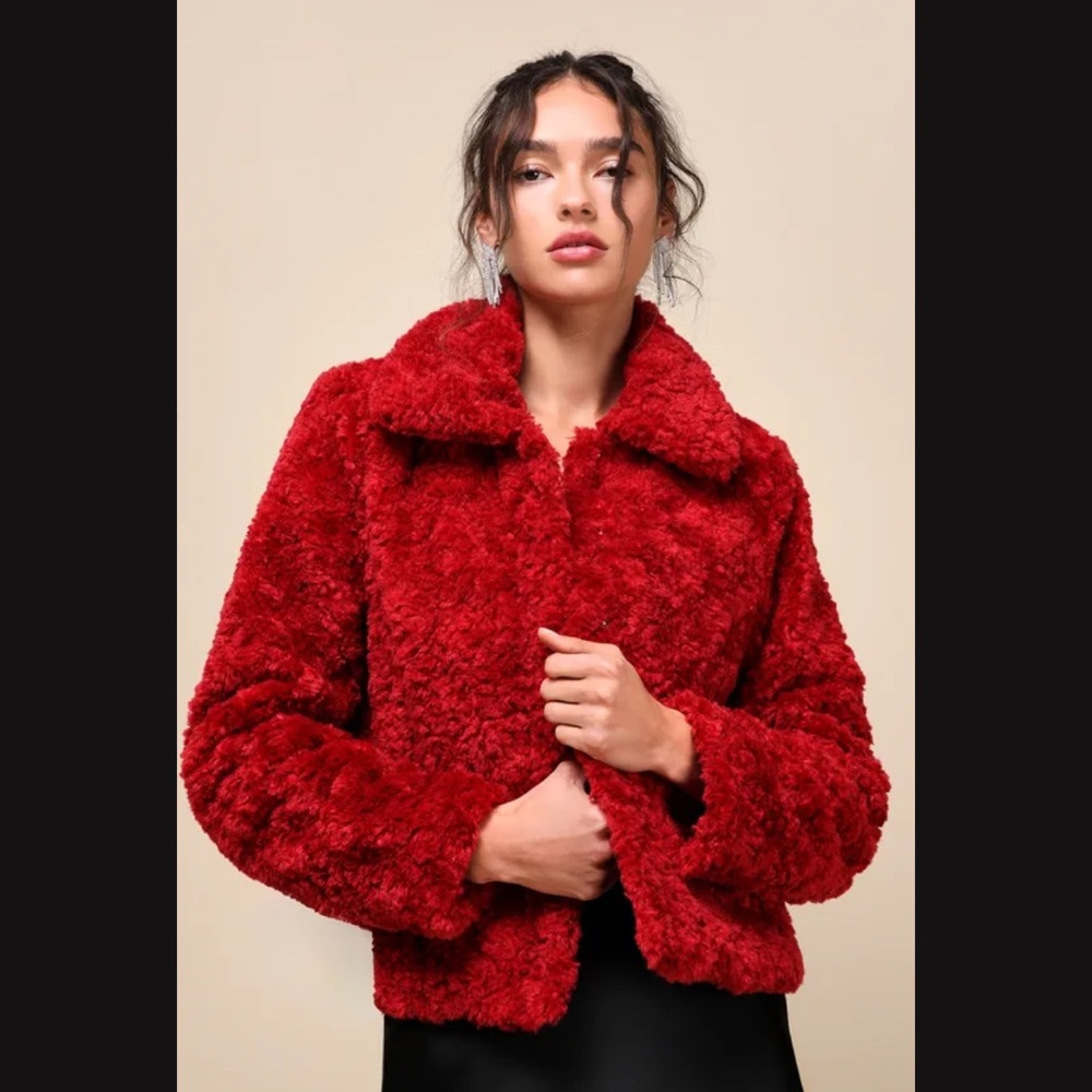 Lulus Snowy Crush Red Collared Teddy Jacket